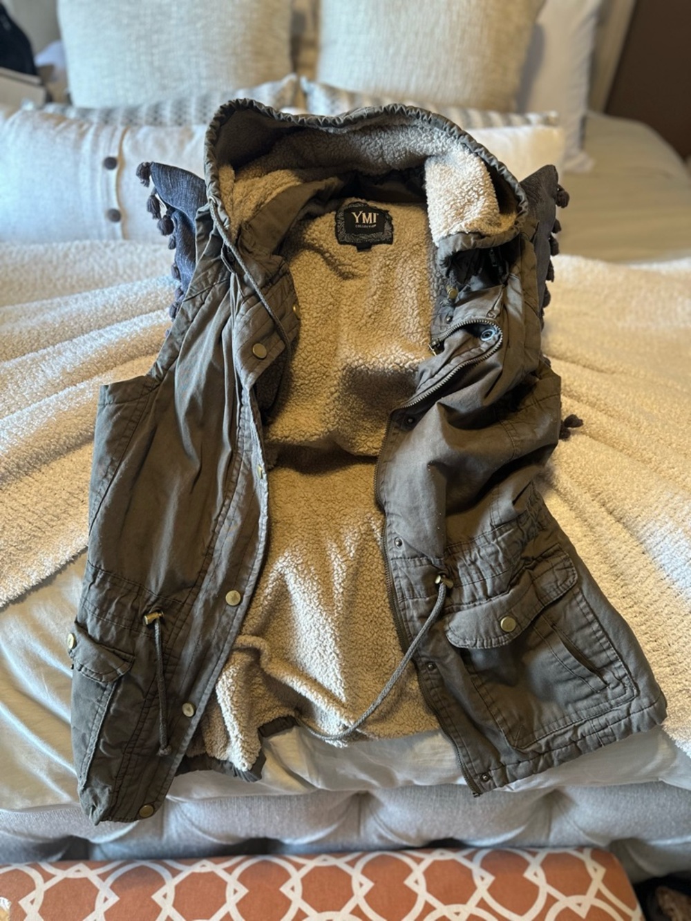 YMI Olive Green Sherpa Utility Vest with Hood